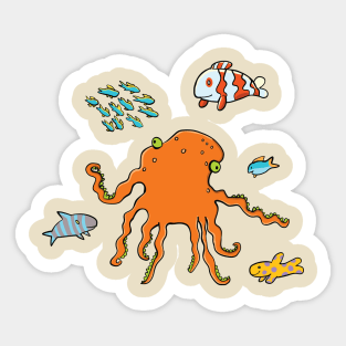 Funny orange octopus and colorful fish around Sticker